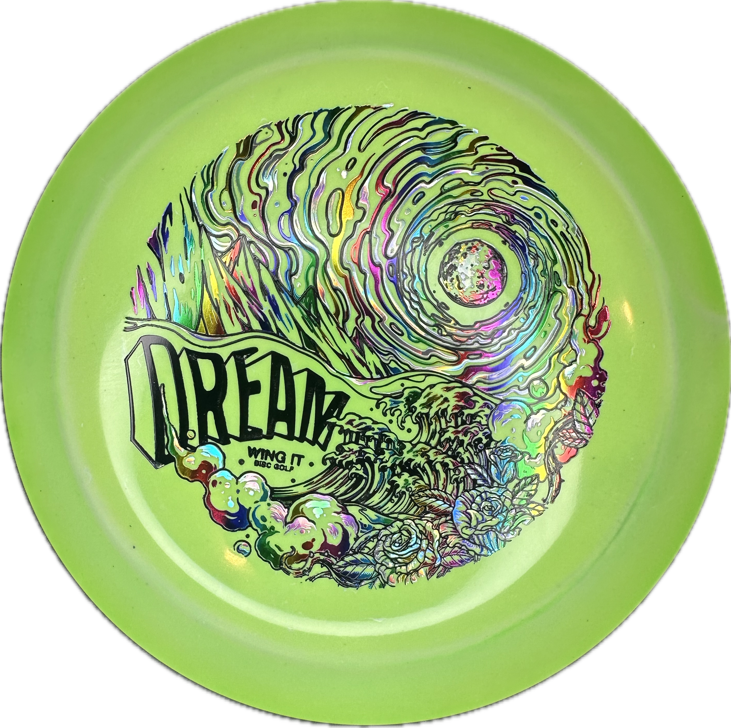 Close up of a Dream Disc fresh off the press, showing the full stamped design