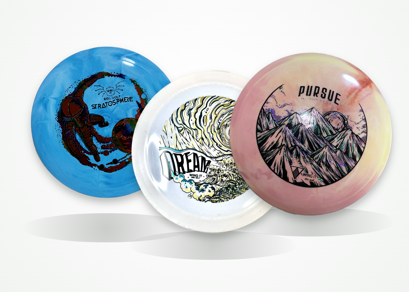 Blue Stratosphere, white Dream Disc, and pink Pursue Disc overlapping, Beginner Bundle